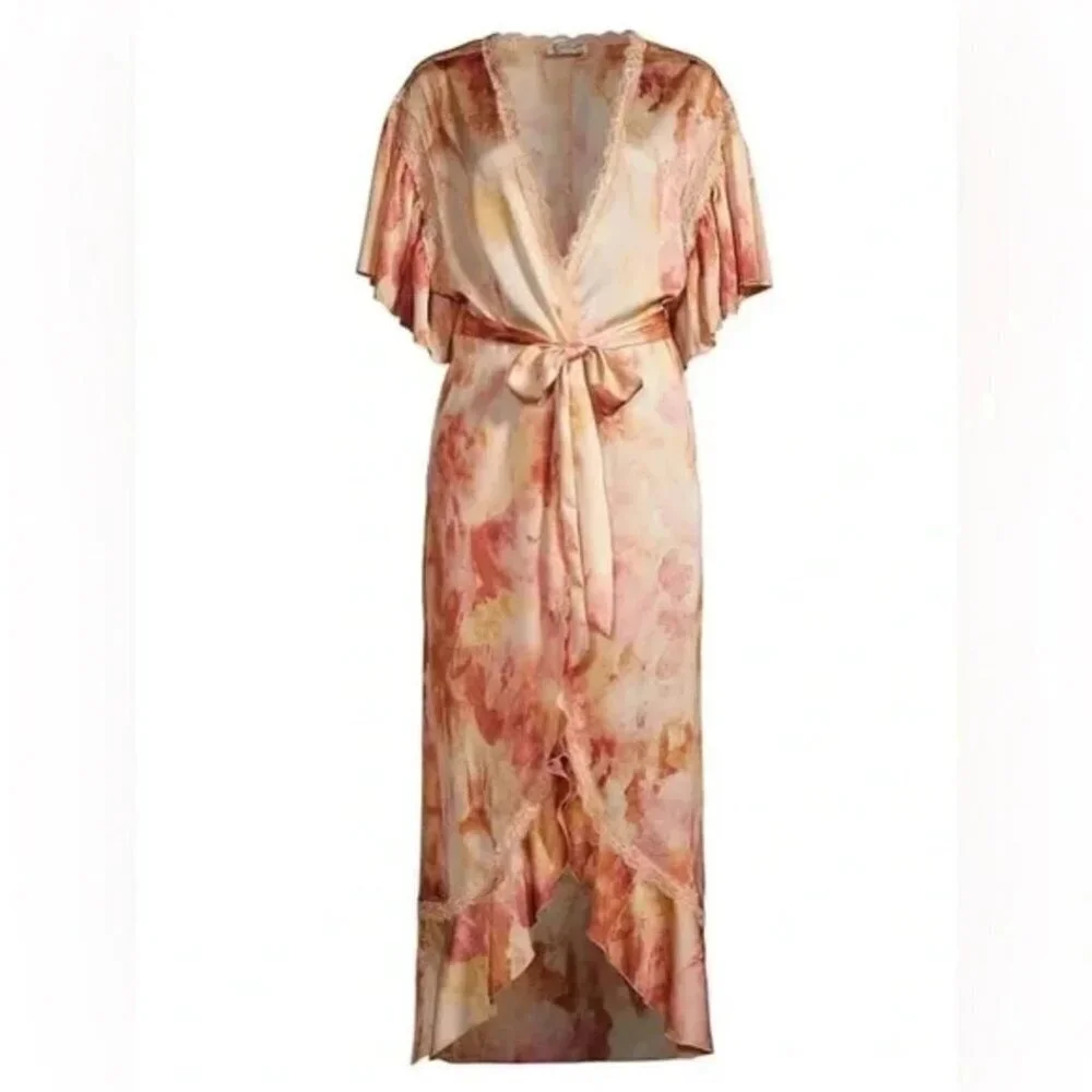 NWOT Free People abstract tie dye print satin effect & lace accent washed robe - Picture 12 of 16